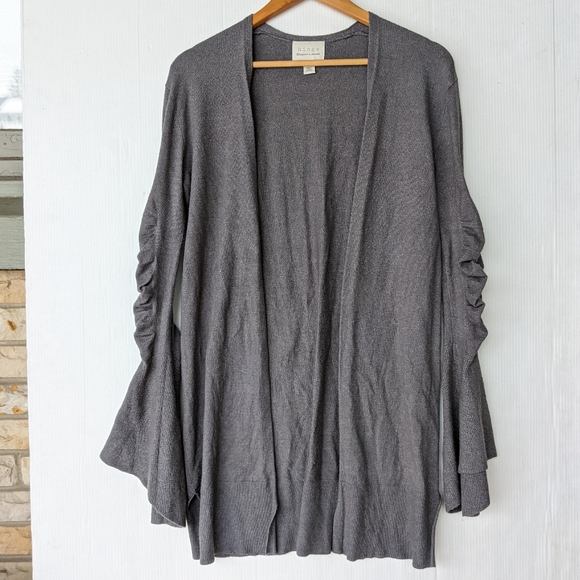 HINGE bell sleeve open front longline gray cardigan sweater - Picture 2 of 11